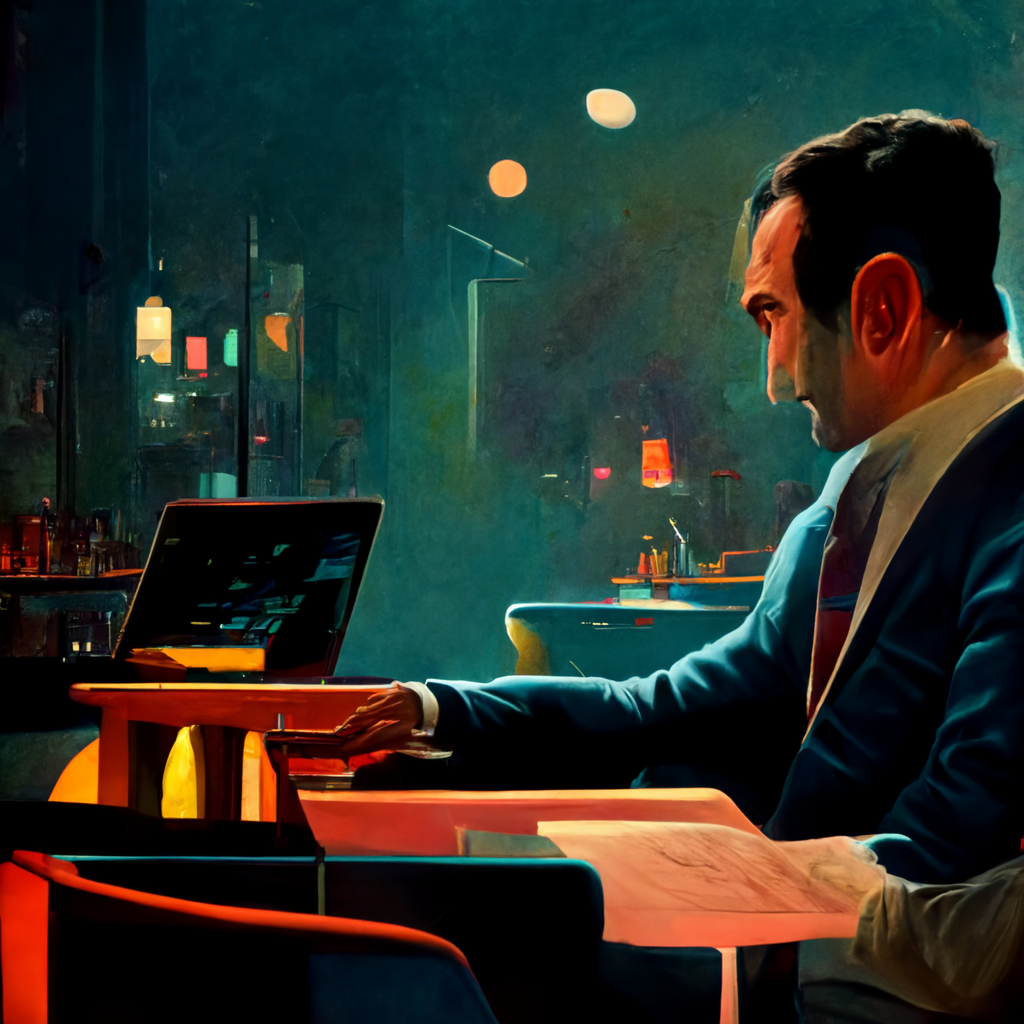 Autor, escritor e advogado escrevendo em um restaurante de luxo.